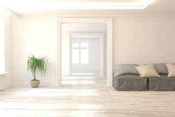 White stylish minimalist room with sofa. Scandinavian interior design. 3D illustration