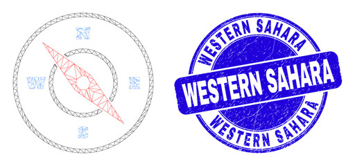 Web mesh compass icon and Western Sahara seal stamp. Blue vector rounded scratched seal stamp with Western Sahara phrase. Abstract carcass mesh polygonal model created from compass icon.