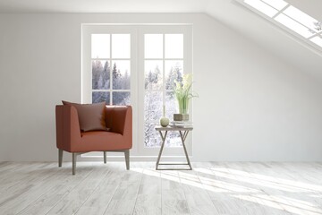White room with armchair and winter landscape in window. Scandinavian interior design. 3D illustration