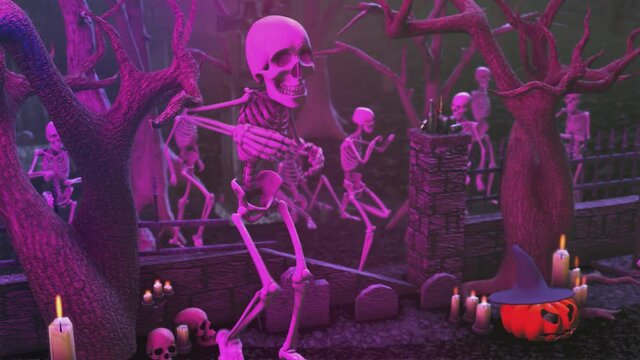 Seamless animation of a skeletons dancing in a cemetery disco at night. Funny halloween background for parties and events.