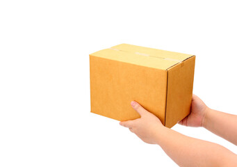 Delivery handing parcel box to recipient  on white background - courier service concept.