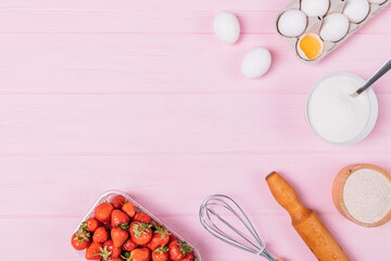 Naklejka na ściany i meble Ingredients and utensils for baking homemade strawberry pie