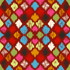 Ikat geometric folklore ornament with diamonds. Tribal ethnic vector texture. Seamless striped pattern in Aztec style. Folk embroidery. Indian, Scandinavian, Gypsy, Mexican, African rug.