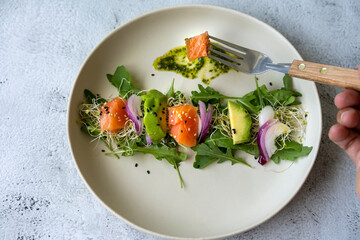 avocado, smoked salmon and cucumber salad on white plate