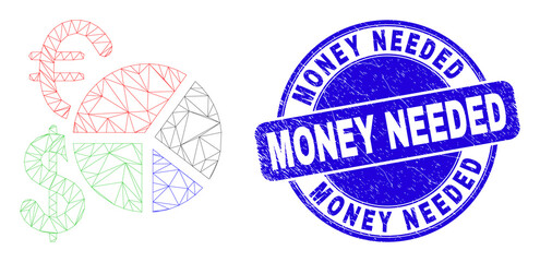 Obraz premium Web carcass currency pie chart icon and Money Needed seal stamp. Blue vector round distress seal stamp with Money Needed text.