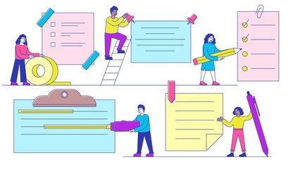 Diverse people with assorted notes which are pinned, taped, clipped, on a clip board and with a paperclip, colored vector illustration