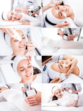 Collage of medical photos. LPG massage, ultrasonic facial cleansing, peeling, darsanalization of the face. Beautician and patient.