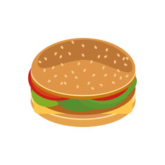 hamburger with cheese, tomato, salad, burgers, buns and sesame in vector flat style, single element for design. american fast food