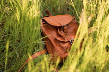 brauner Lederrucksack liegt im Gras