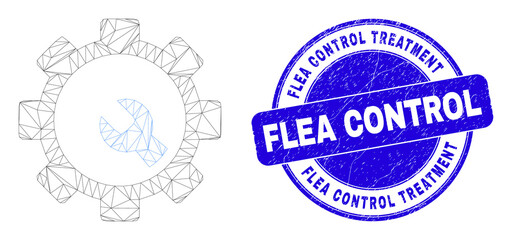 Fototapeta premium Web mesh setup tools icon and Flea Control Treatment seal stamp. Blue vector round textured stamp with Flea Control Treatment text. Abstract carcass mesh polygonal model created from setup tools icon.