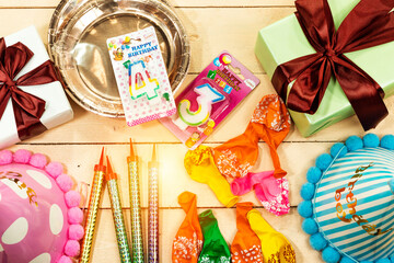 birthday party items flat lay.Top view