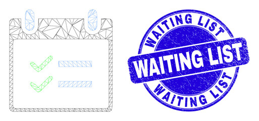 Web carcass calendar page tasks pictogram and Waiting List seal stamp. Blue vector rounded textured seal stamp with Waiting List phrase.