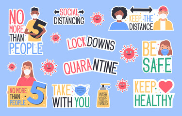 Set of CoronaVirus Covid-19 letterings and other elements. Behavior of people after removal of self-isolation. Vector illustration