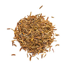 Top view of zira, cumin seeds isolated on white background. Dry herb and spice