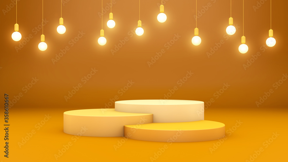 Aufkleber 3d rendering of a three podiums and hanging lights on a yellow background for product presentation