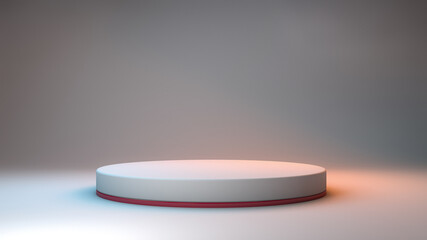 3D rendering of a minimalist podium on a neutral background and colored lights for product presentation