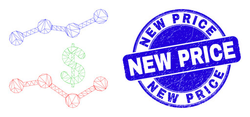Obraz premium Web mesh dollar trend charts pictogram and New Price seal stamp. Blue vector round distress seal stamp with New Price text.