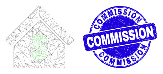 Web mesh rent house pictogram and Commission seal stamp. Blue vector rounded scratched seal with Commission text. Abstract carcass mesh polygonal model created from rent house pictogram.