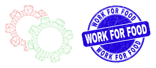 Obraz premium Web mesh cogs pictogram and Work for Food seal stamp. Blue vector round distress seal with Work for Food title. Abstract carcass mesh polygonal model created from cogs pictogram.