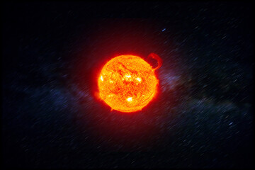 Powerful Sun in space. AThe solar prominence on the sun, solar radiation. The solar corona against the background of the milky way. Elements of this image furnished by NASA