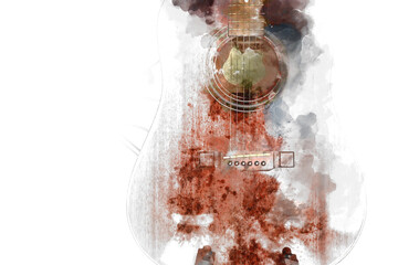 Abstract colorful acoustic guitar in the foreground on Watercolor painting background and Digital illustration brush to art.