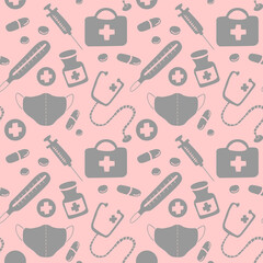 Seamless pattern with icons medical tools and medicines - first aid kit, syringe, stethoscope, thermometer, medical mask, medicine bottle, tablets, pills, capsules. Vector EPS10 in flat style