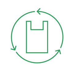Plastic bag inside circular recycle symbol with arrows. Biodegradable shopping bag. Multiple use of plastic bag. Stop plastic pollution. Green outline. Line icon. Vector illustration, flat, clip art. 