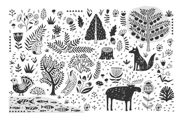 Hand drawn pattern with abstract Scandinavian nature elements. Vector set of plants and animals of the forest. - obrazy, fototapety, plakaty
