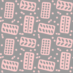 Seamless pattern with medicines, medicaments, drugs, pills and tablets. Medical pharmacy backgrounds and textures. Vector EPS10 illustration in doodle style