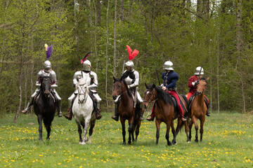 A knight in vintage armor of the 15th century rides a horse across a field for a tournament