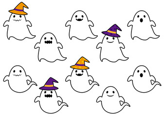 色々な表情のオバケのセット：線画