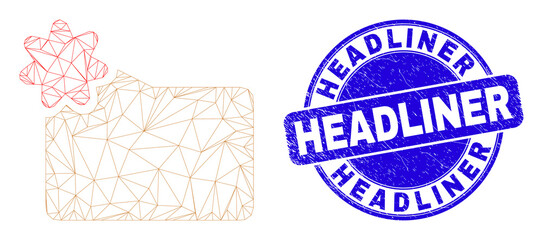 Web mesh new folder icon and Headliner seal stamp. Blue vector rounded distress stamp with Headliner text. Abstract frame mesh polygonal model created from new folder icon.