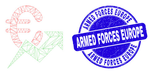 Obraz premium Web mesh euro growing trend pictogram and Armed Forces Europe stamp. Blue vector round distress seal stamp with Armed Forces Europe message.