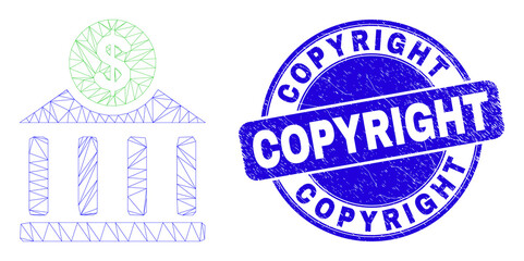 Web carcass dollar bank office pictogram and Copyright seal stamp. Blue vector round scratched seal stamp with Copyright text. Abstract frame mesh polygonal model created from dollar bank office icon.