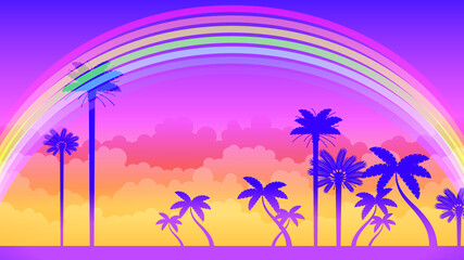 Fototapeta na wymiar Abstract Beautiful Background Vector With Palm Trees Clouds And Rainbow