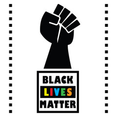 Black Lives Matter square message emblem with black powerful fist symbol poster on white background