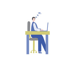 Vector illustration. Man is sleeping at work table over laptop. Fatigue and signs of depression.