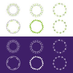 Doodle Hand Drawn Plants Circle Frames Set. Elements for design. Cute Circle Frames with dot, leaf, and plants. Design label, badge, packaging, and more.