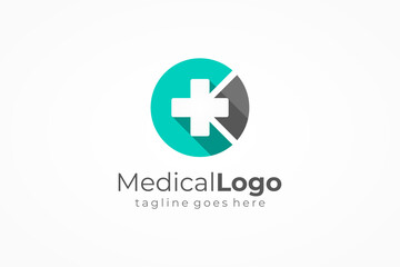 Fototapeta premium White Cross Sign with Shadow in Green Grey Circle isolated on White Background. Medical Logo Health Icon. Flat Vector Logo Design Template Element
