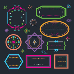 Cute colorful retro and floral line empty emblems and frame banners design elements set on black background
