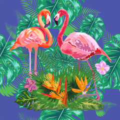 Obraz premium Trendy seamless pattern pink flamingo birds couple. Bright camelia flowers. Tropical monstera green leaves.
