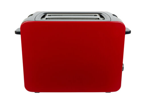 New red toaster with grey parts isolated on white background