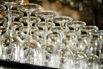 Close up of wine glasses in bar