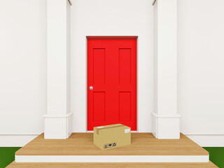 Cardboard box online order delivery to the front door, 3D rendering - 358615295