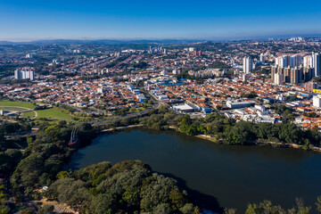 Taquaral lagoon in Campinas at dawn, view from above, Portugal park, Sao Paulo, Brazil