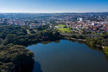 Taquaral lagoon in Campinas at dawn, view from above, Portugal park, Sao Paulo, Brazil