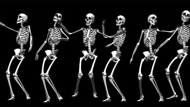 Seamless animation sexy dancing skeletons printed drawn style cartoon isolated with alpha channel. Funny halloween background with marker stroke effect.
