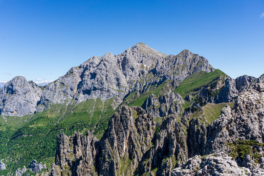 Alpine landscape hiking on the grigne group, one of the most beautiful and famous peaks in Lombardy, Italy - May 2020.