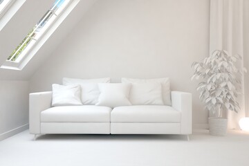 White stylish minimalist room with sofa. Scandinavian interior design. 3D illustration