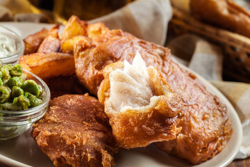 Traditional fish in beer batter and chips